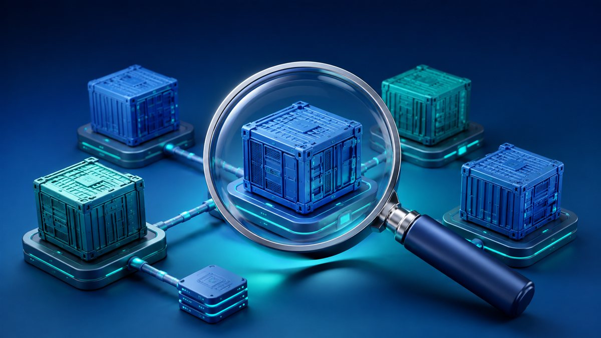 Blue and teal computing blocks connected around a diagnostic magnifying glass.